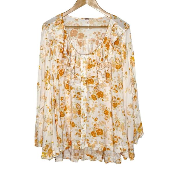 Free People Loretta Tunic Top Orange Floral Womens XS Oversized Ruffled - Picture 1 of 10